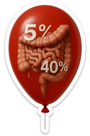 intestino umano anatomico chiuso in un palloncino rosso con la scritta 5% e 40% dentro insieme all'intestino, iperrealistico 4k sticker