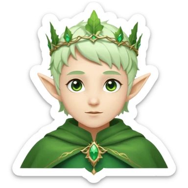 Forest Elf – elegant green-skinned elf with leaf crown and cloak, white short hair sticker