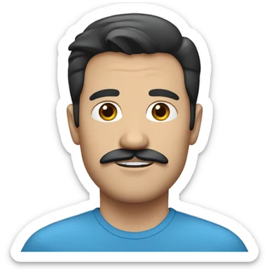 A white man with black hair blue shirt, with some moustache. sticker