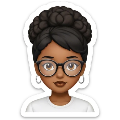Brown skin girl with black hair with a puff and glasses.  sticker