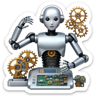 An icon featuring a humanoid robot assembling parts with robotic arms, surrounded by gears, circuit boards, and sensors, symbolizing robotics. The design includes a control panel and AI interface, representing automation, engineering, and innovation. Transparent background. sticker