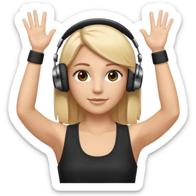 I want a white female dj animated gif emoji with long straight centre parting blonde hair, brown eye brows and putting hands up in the air. Wearing a black tight top with no sleeve. Also wearing DJ headphones  sticker
