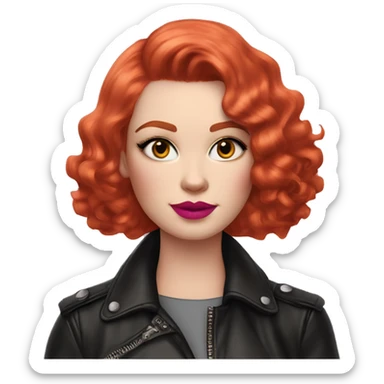 Woman with very pale skin, bright red curly short bob hair that is parted on the side, heavy cat-eye makeup, long eyelashes, bright pink blush and bright pink lipstick.  Her eyebrows are dark, arched and very high.  Hazel eyes. Wearing a leather jacket  sticker