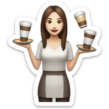 woman juggler with long straight brown hair and pale skin juggling both coffee cups and miniature laptops in the air sticker