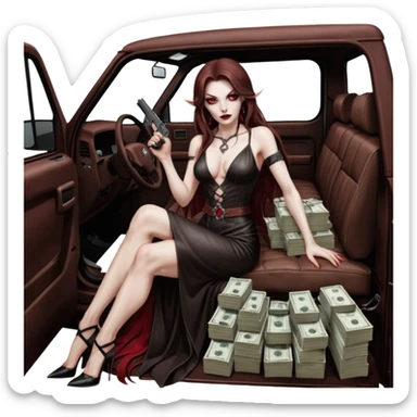 Lilith red eye seductress evil long brown haired sexy succubus woman with leather long dress with slit on, sitting in Big Large F350 pickup truck. Back seat full of stacks of cash, she is  Holding a human skull of her enemies and a gun in other hand sticker