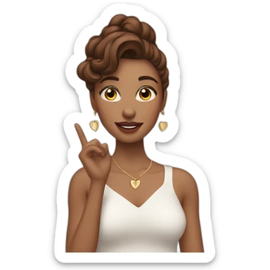 white beautiful woman, brown wavy hair, heart-shaped hand gesture, long earrings sticker