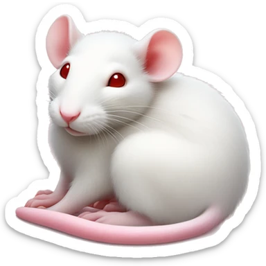 Realistic white rat with small ears, bright red small eyes and baby pink long tail wrapped around body and baby pink paws in sleeping position neutral face eyes open body is lying down curled up asleep but awake sticker