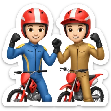 2 dirtbike racers in gear and gloves fist bumping sticker