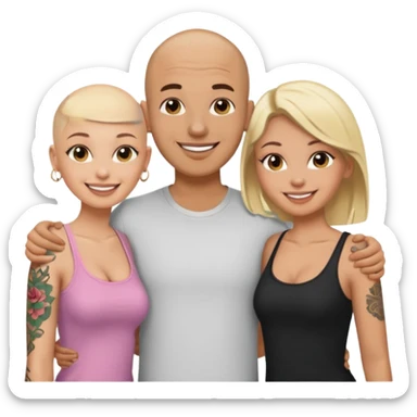 throuple tatted bald boyfriend with blonde girl friend and brunette girlfriend sticker