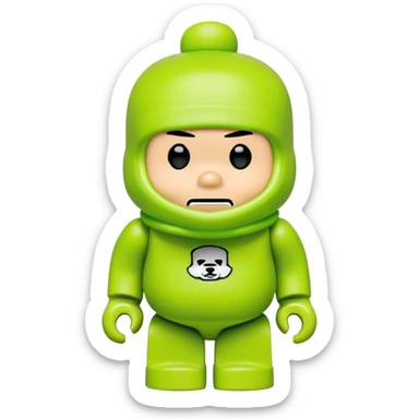 bearbrick toy wearing a lime green balaclava with Supreme logo and thick aggressive eyebrows showing above sticker