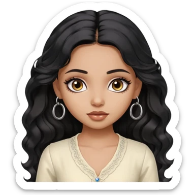 a pretty bratz dusky girl with long wavy black hair, kajal under eyes, small silver hoop. ivory coloured kurti sticker