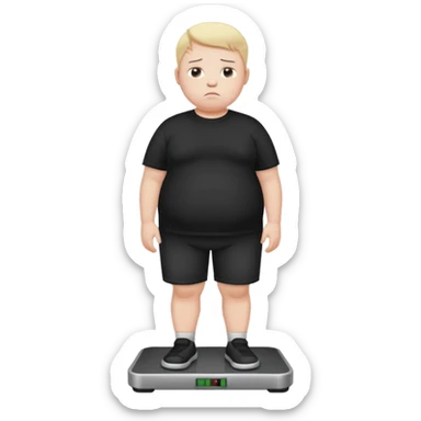 sad fat young boy in black t shirt on weight scale  sticker