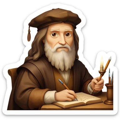 Cinematic Realistic Leonardo da Vinci Portrait Emoji, depicted as the quintessential Renaissance polymath with deep, thoughtful eyes, a flowing beard, and a quill or sketchbook in hand. The scene is illuminated with warm, classical lighting, evoking the atmosphere of a master artist’s workshop, surrounded by early sketches of inventions and masterpieces like the Mona Lisa. sticker