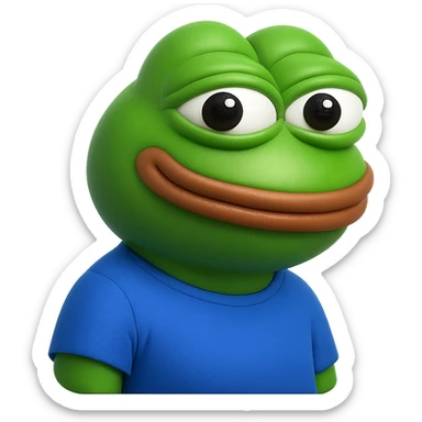 pepe in
- 3d style
- bright green
- blue shirt
- smiling
- looking straight at the camera
- good highlights and shadows
- 30deg angled towards the right
- 20% inset padding
- nice rounded cut off at the bottom sticker