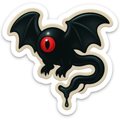 an all black reptilian bat-like creature. One cyclopian red eye in its face. no visible mouth or ears. 2 hind legs with claws. has a long tale with a stinger that drips green poison sticker