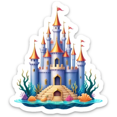 Ariel's underwater castle from The Little Mermaid, golden spires, colorful coral, seashell architecture, simple  sticker