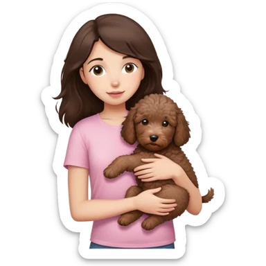 One girl with medium long dark brown hair dressing baby pink T-shirt, hugging One little brown coated labradoodle. sticker