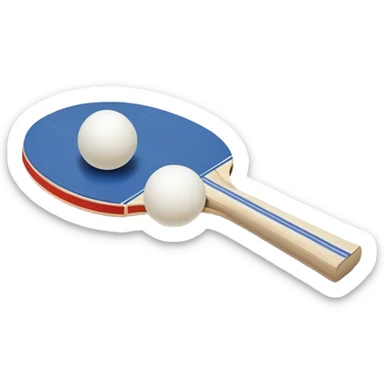 Two table tennis paddles crossed over a ping pong ball, placed on a smooth, reflective table. The background suggests a clean, minimalist playing surface, capturing the precision and fast-paced nature of the sport. sticker