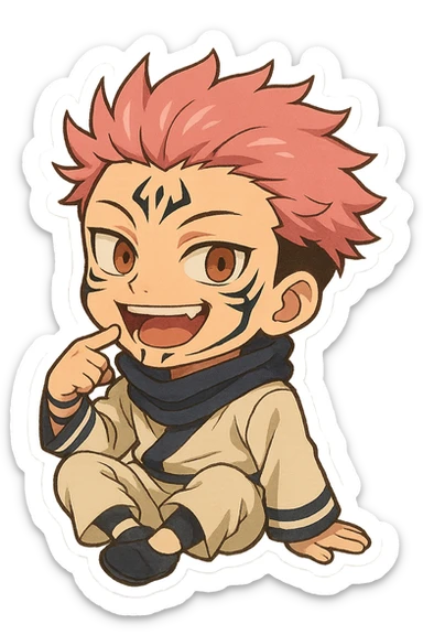 Sukuna in chibi style, sitting pose, playful expression, anime-inspired, vibrant colors sticker