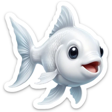 Cinematic Comical White Goldfish Portrait Emoji, Head tilted dramatically with an exaggeratedly amused expression, featuring a striking, glossy pure white body with elegantly fluttering fins, wide, expressive pale eyes filled with playful disbelief, Simplified yet hilariously expressive features, highly detailed, glowing with a slightly sassy glow, high shine, dramatic yet playful, stylized with an air of cheeky mischief, bright and endearing, soft glowing outline, capturing the essence of a spirited and over-the-top goldfish, so meme-worthy it feels like it could side-eye its way into internet fame instantly! sticker