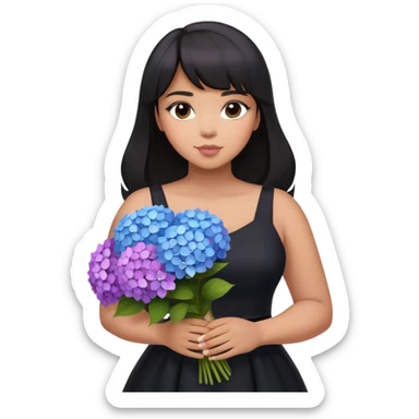 Latina girl with bangs black long hair in pony tail plus size black dress holding a blue pink and purple bouquet of hydrangeas sticker