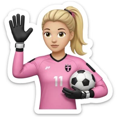 Make a dirty blonde football goalkeeper with goalkeeper gloves on. light skinned and wearing a light pink football kit. Wearing one ponytail on back of head. Make it without the whole body. With full sleeves. No RUGBY BALl.  BLACK AND WHITE BALL.  Holding the ball regularly sticker