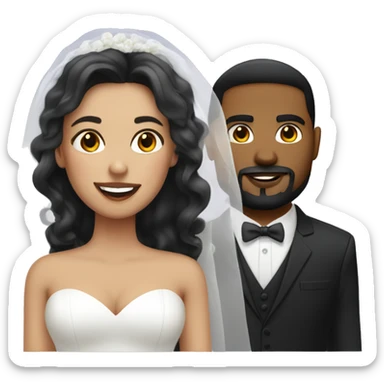 Thick bride with long hair and tan groom with goatee and white suit and black hair sticker