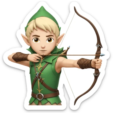 elf male archer aiming at target, summer leather gear, bow, pointy ears, determined look, sand dune backdrop, centered emoji sticker