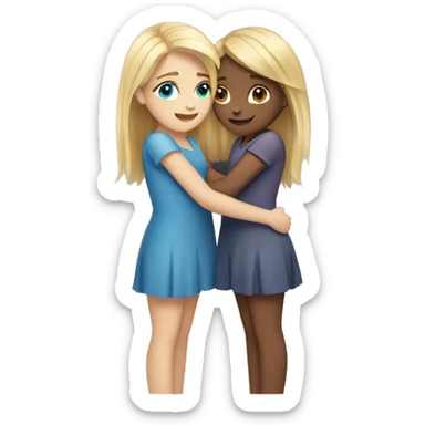 two girls one blonde with brown eyes and one with brown hair and blue eyes hugging eachother sticker