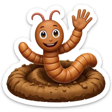 Happy worm waving from dirt hole sticker