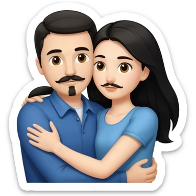 a white girl with long black hair, hugging a white guy with short brown hair goatee mustache sticker
