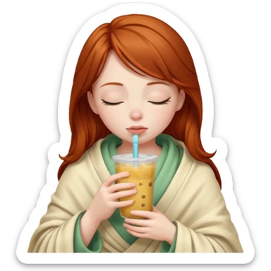 dark ginger haired girl with pale skin, wrapped in a blanket, sipping boba, eyes closed sticker