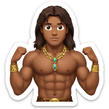 Tarzan with long dark brown hair, brown sequin loincloth, shirtless with necklace sticker