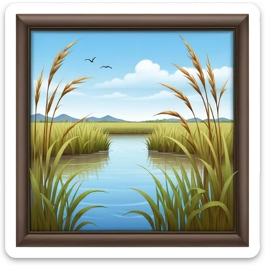 Cinematic Realistic Wetlands Emoji in a wooden frame, Peaceful and serene, with tall grasses swaying in the breeze and soft, muddy waters reflecting the sky above. Small birds and insects flit among the reeds while lily pads float lazily across the surface, punctuated by the occasional croak of a frog or splash of a fish. Soft glowing outline, capturing the essence of a calm, tranquil wetland brimming with life and natural beauty. sticker