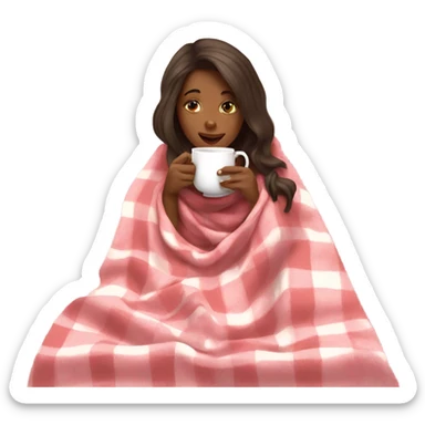 A blonde girl covered in a plaid light pink blanket sipping hot tea sticker