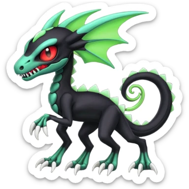 Obsidian-black and neon-glowing-green skeletal Meloetta-Salandit-Gorebyss-Salazzle-Pokémon-Fakémon-creature-fusion-hybrid with glowing crimson-red evil slit eyes sticker