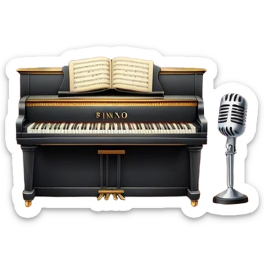 Icon for 50s American Musical Theater: a retro stage with neon lights, a classic microphone on stage, vintage piano, musical notes, vintage theater curtains, and Broadway-style elements. Avoid focusing solely on the piano. Transparent background. sticker