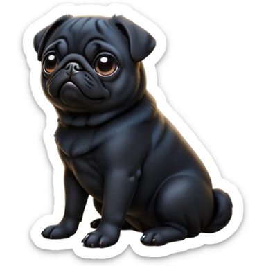 cinematic-[black pug]-realistic-full-body-sitting-emoji,-tail-resting-loosely-beside-its-paws,-head-tilted-dramatically, -sleek-[black]-fur,-simplified-yet-realistic-focused-features,-highly-detailed,-glowing-with-an-almost-sarcastic-glow sticker