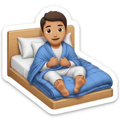 A man in bed under covers kicking feet because so excited to sleep. Eyes are closed and he is smiling. Show his feet sticker
