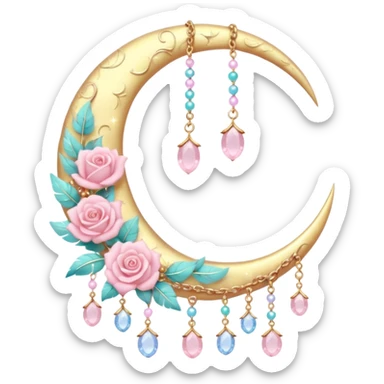 Rosy shiny glossy sparkly romantic pastel crescent damask moon with rose quartz pastel vines pastel gems pastel beads with feathers and chains  sticker