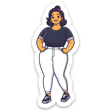 cartoon sticker of a smiling, curvy girl with hands on hips, bright outfit, energetic vibe sticker