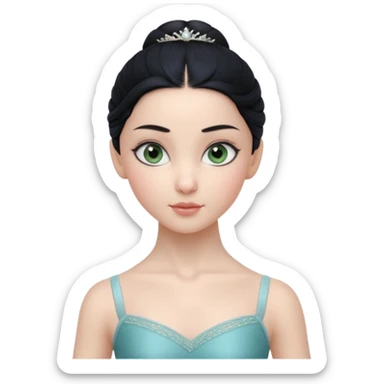 Cinematic Realistic ballerina Medium Blue Portrait, depicted with lifelike skin texture, subtle rosy undertones, and soft natural lighting that enhances the gentle contours of her face. Her intricately detailed sweet black hair is elegantly styled, green eyes sticker