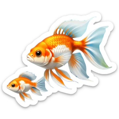 Large aquarium fish like veil tails and lionhead goldfish swimming gracefully in a beautifully decorated aquarium. Colorful aquatic plants, smooth rocks, and gentle bubbles surround the fish. The water shimmers in sunlight, creating a peaceful and vibrant underwater scene. Transparent background. sticker