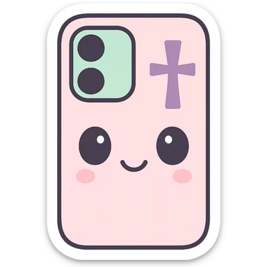 Make the white and black gothic kawaii phone case more minimal, reduce details, keep only one or two simple gothic symbols, big eyes, smiling, playful, cartoonish, no purse references, with no background. sticker