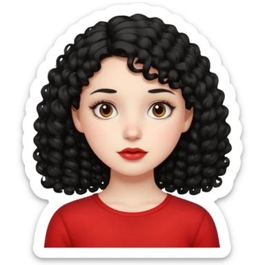 Side part black curly hair girl with mole above left side of lip pale skin red top sticker