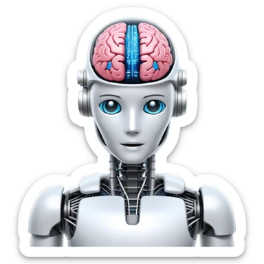 An icon featuring a humanoid robot, a neural network diagram, and a glowing brain, symbolizing artificial intelligence. The design includes binary code, a microchip, and data flow lines, representing machine learning, automation, and innovation. Transparent background sticker