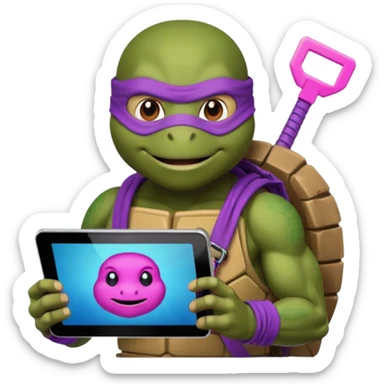 Donatello from Teenage Mutant Ninja Turtles, emoji style, with a tablet showing a hacking screen and a tech accessory, with a pink hacking interface on the screen sticker
