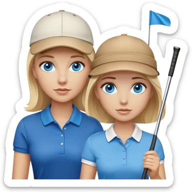 Blonde woman with blue eyes wearing hat playing golf with white man with brown hair wearing blue polo sticker