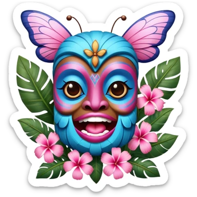 Pixar style little Blue and pink tiki singing with a butterfly and tropical flowers, ultra detailed and lifelike imagery, realistic sticker
