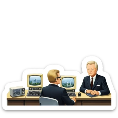 modernization scene in Germany late 1960s to 1970s with modern factories, computers, solar panels, people from industry, science, and society, gears, lightbulb, autobahn, small portraits or silhouettes of Willy Brandt and Helmut Schmidt, optimistic atmosphere sticker